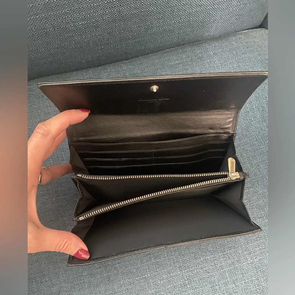 Authentic Dior Black Patent Leather Wallet Clutch with Fold-Over Design Silver